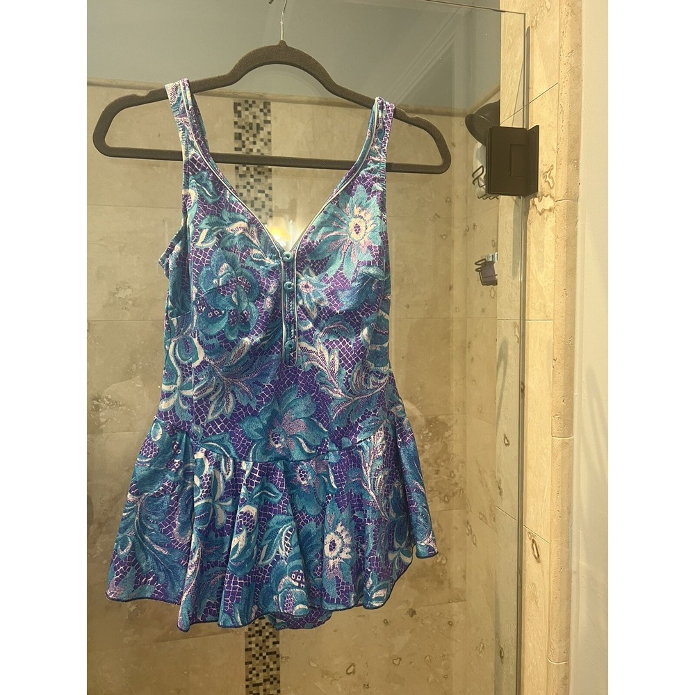 Maxine of Hollywood Vintage Blue Purple Floral Swimdress One Piece Swimsuit 16W